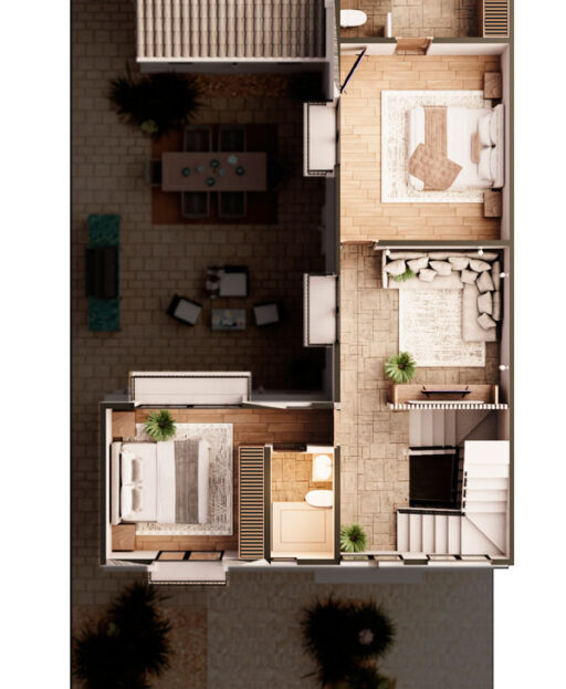 Second level of the Diamond Residence, with master bedroom, secondary bedroom and Family Room with balcony and garden views.