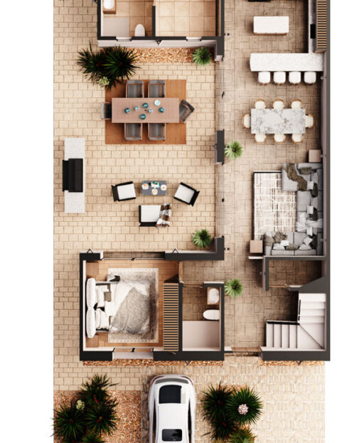 View of the first level of the Diamante Residence with living room, dining room and kitchen connected to the central garden and terrace with barbecue area.
